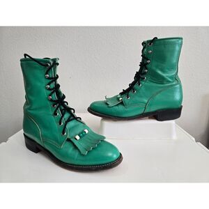 Vintage Justin Green Leather Lace-Up Boots Size 6.5 Women Fringe Western Ankle